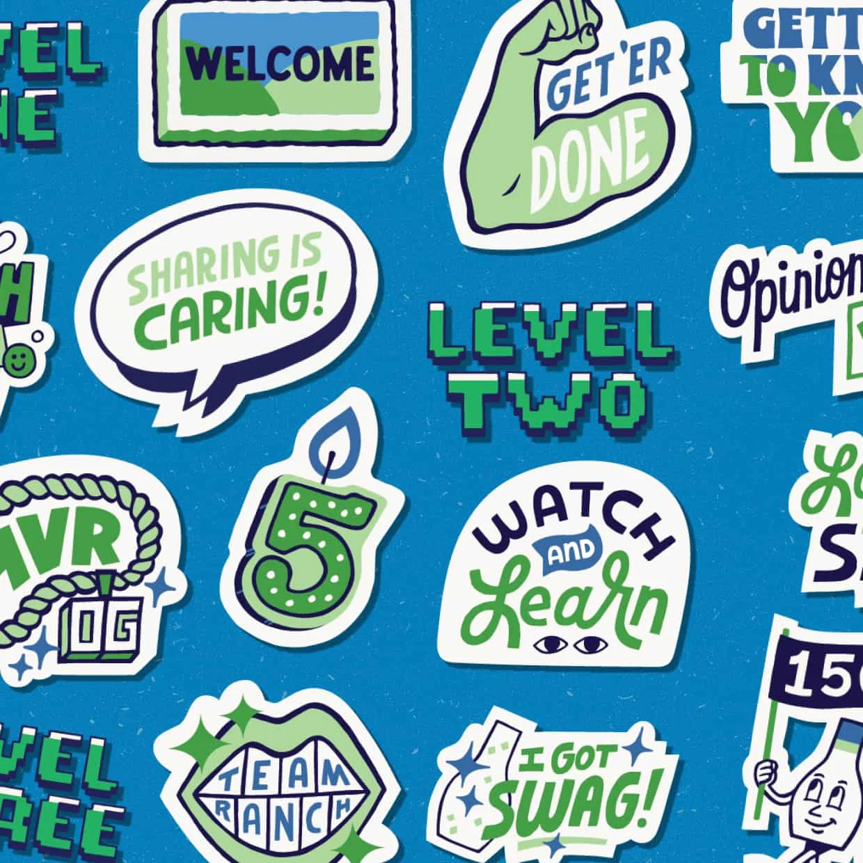 ranchology badges on a blue background