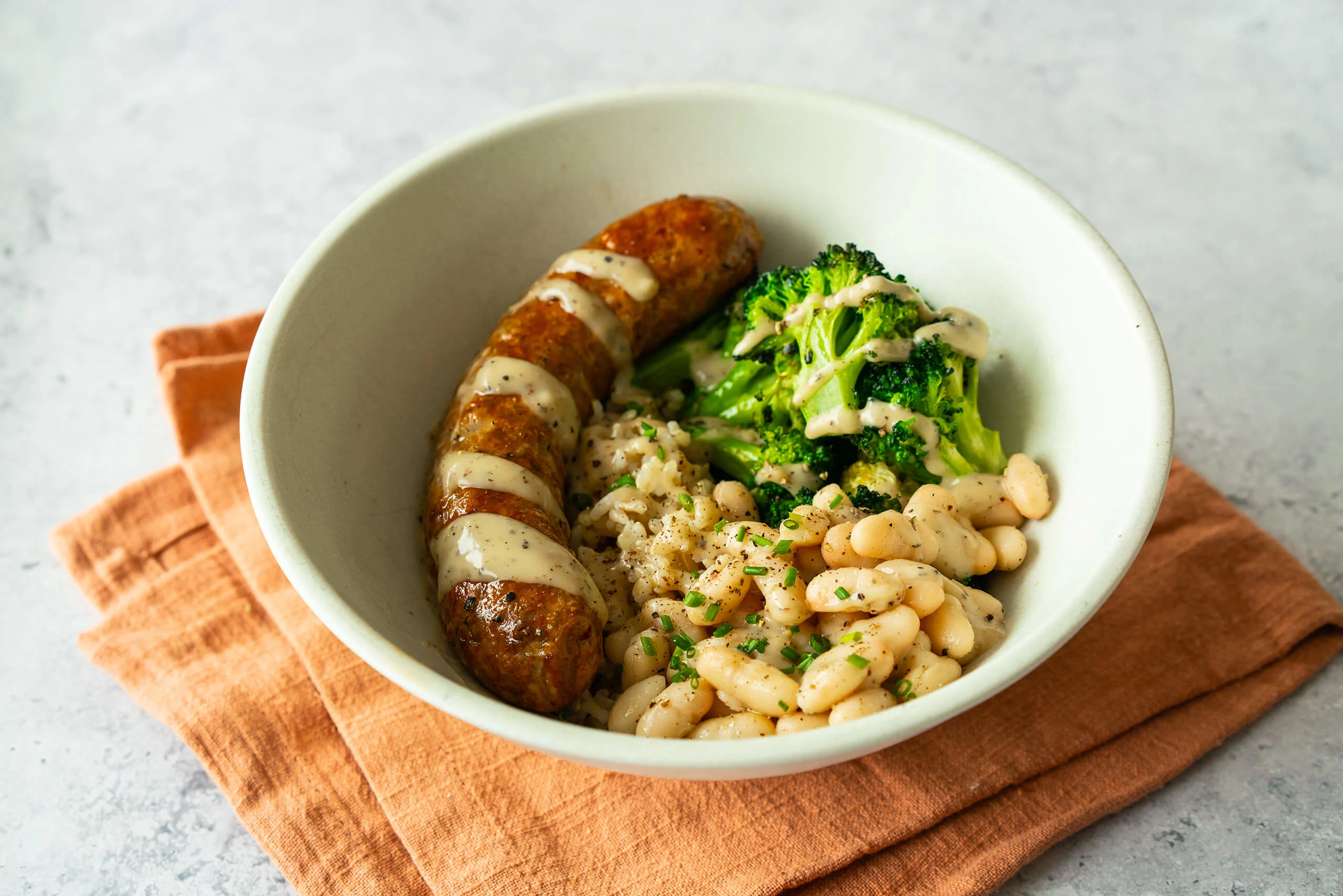 Spicy Sausage Broccoli & White Bean Rice Bowls