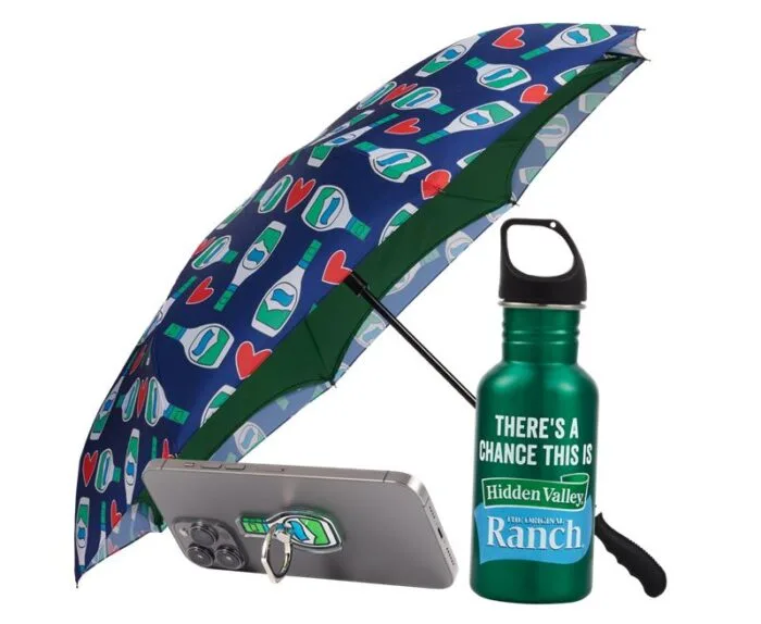 umbrella, pop stand, water bottle